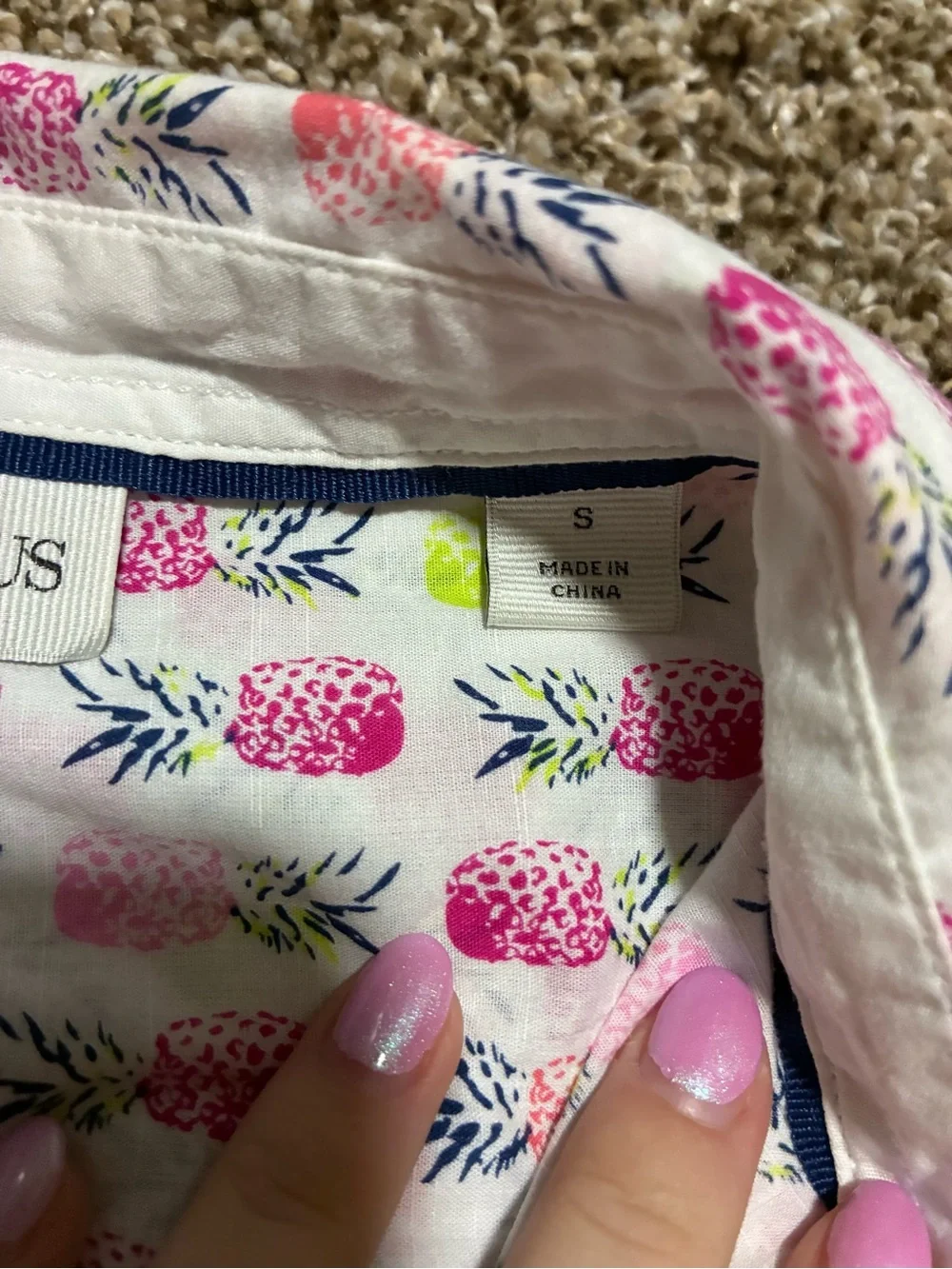 J. Crew White Button-Down Shirt with Pink Pineapple Print